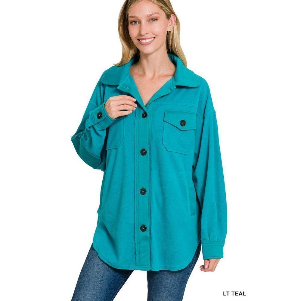 Zenana All About the Fleece Button-Down Shacket in Light Teal S-L QJ-4003D4 - Picture 6 of 10